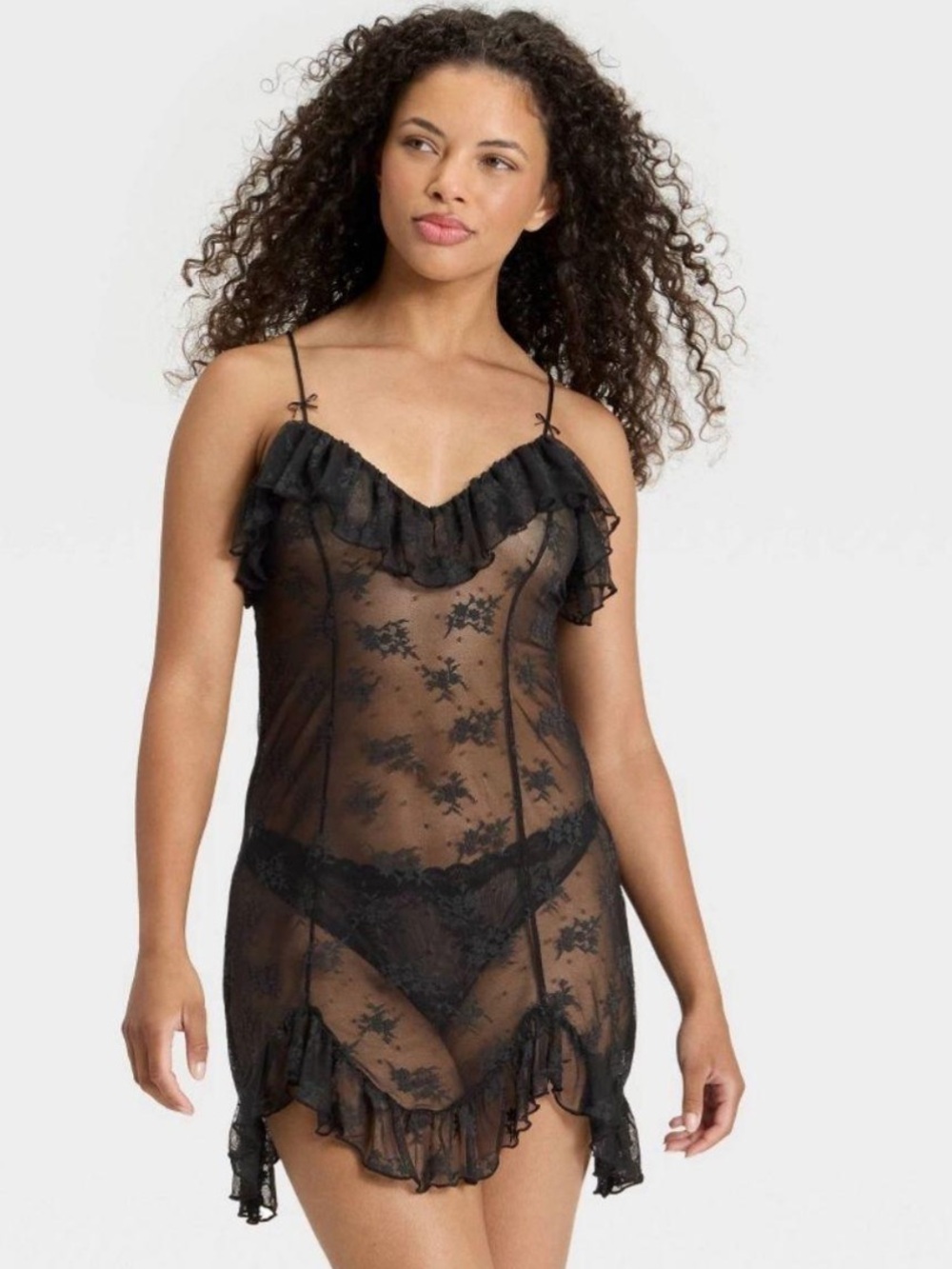 wild fable Black Sheer Lace Ruffle Chemise